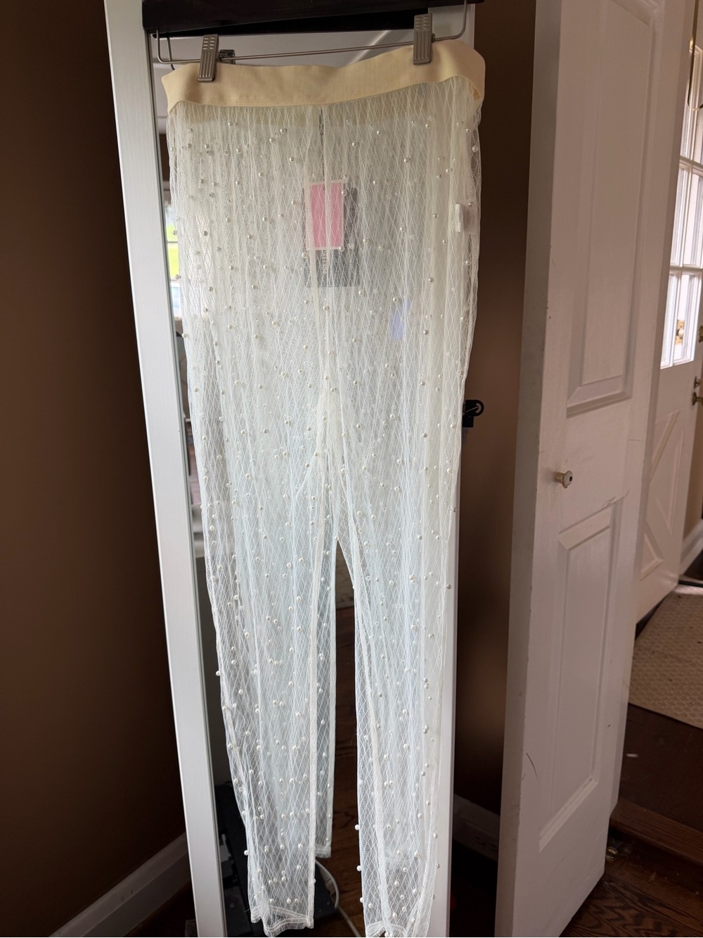 PrettyLittleThing Ivory Sheer Pearl-Embellished Leggings, NWT 10